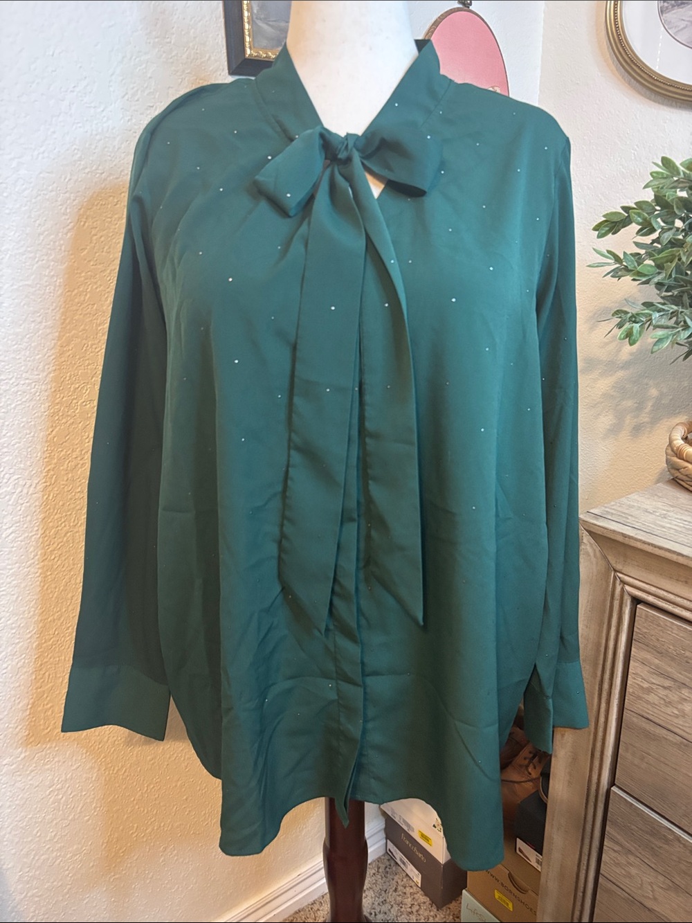 Lane Bryant Emerald Green Tie-Neck Long Sleeve Blouse- Emerald Green- Size 18/20